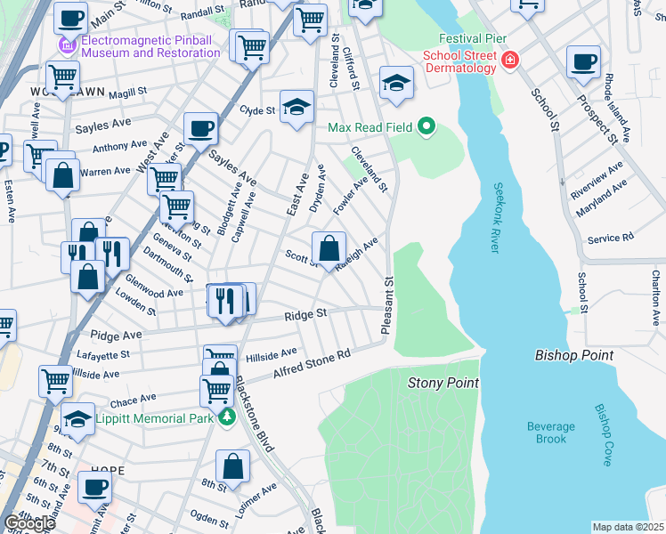 map of restaurants, bars, coffee shops, grocery stores, and more near 119 Oak Hill Avenue in Pawtucket