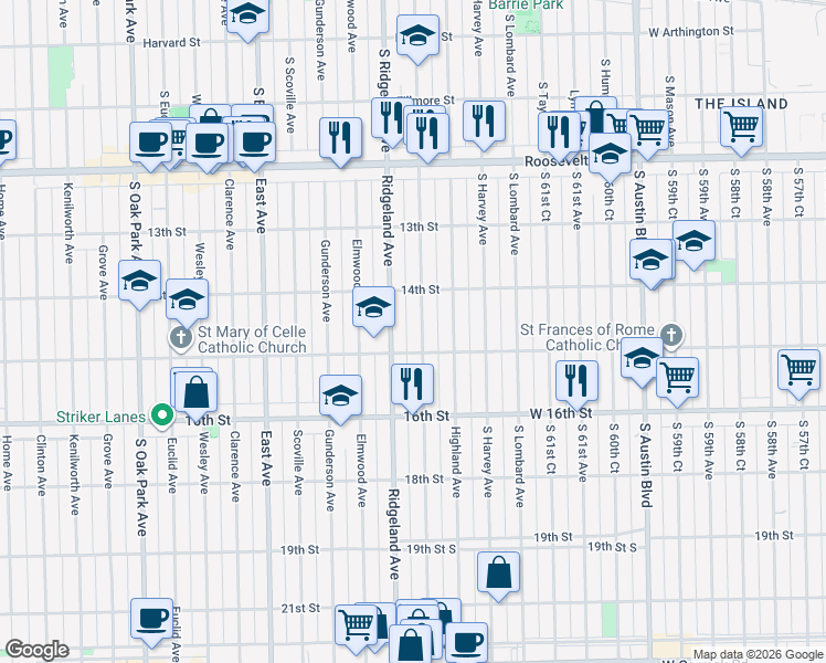 map of restaurants, bars, coffee shops, grocery stores, and more near 1432 Cuyler Ave in Berwyn