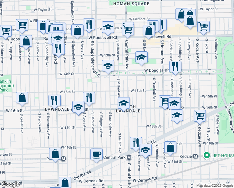 map of restaurants, bars, coffee shops, grocery stores, and more near 1508 South Millard Avenue in Chicago