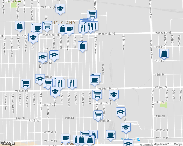 map of restaurants, bars, coffee shops, grocery stores, and more near 1433 South 56th Court in Cicero