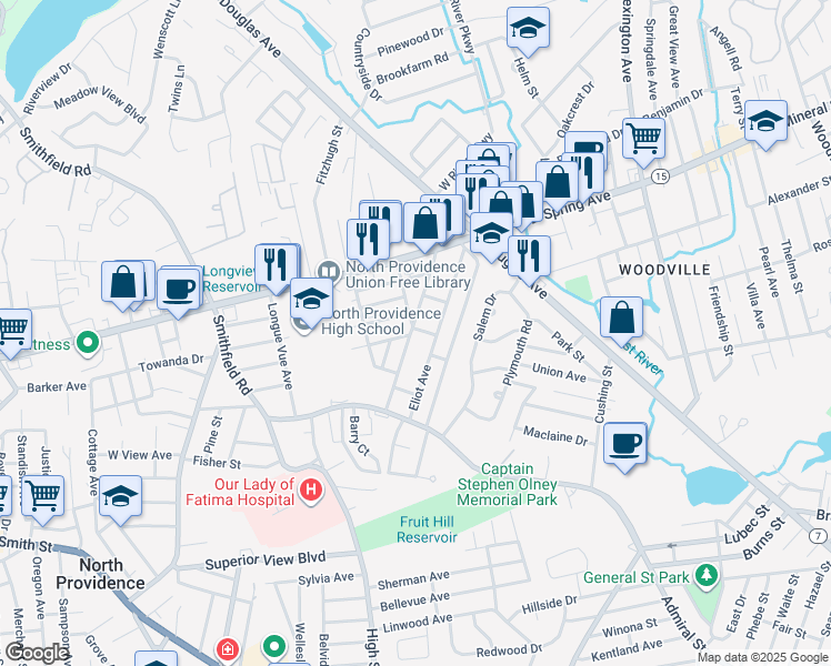 map of restaurants, bars, coffee shops, grocery stores, and more near 50 Andover Street in North Providence