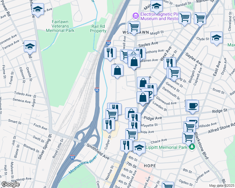 map of restaurants, bars, coffee shops, grocery stores, and more near 350 Esten Avenue in Pawtucket