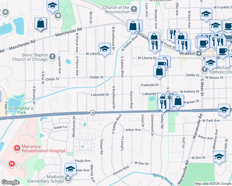 map of restaurants, bars, coffee shops, grocery stores, and more near 1115 Lakeside Drive in Wheaton
