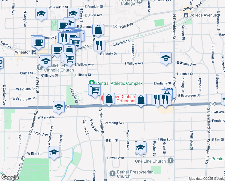 map of restaurants, bars, coffee shops, grocery stores, and more near 517 South Washington Street in Wheaton