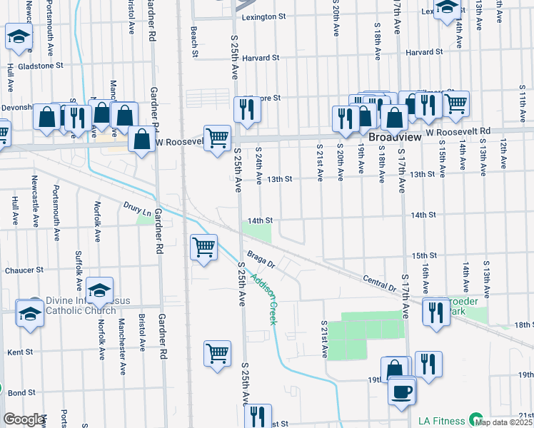 map of restaurants, bars, coffee shops, grocery stores, and more near 2341 South 24th Avenue in Broadview