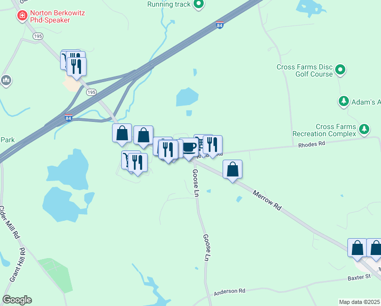 map of restaurants, bars, coffee shops, grocery stores, and more near 3 Rhodes Road in Tolland
