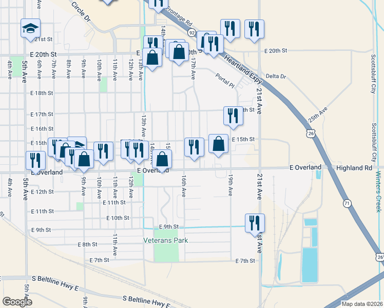 map of restaurants, bars, coffee shops, grocery stores, and more near 1321 16th Ave in Scottsbluff