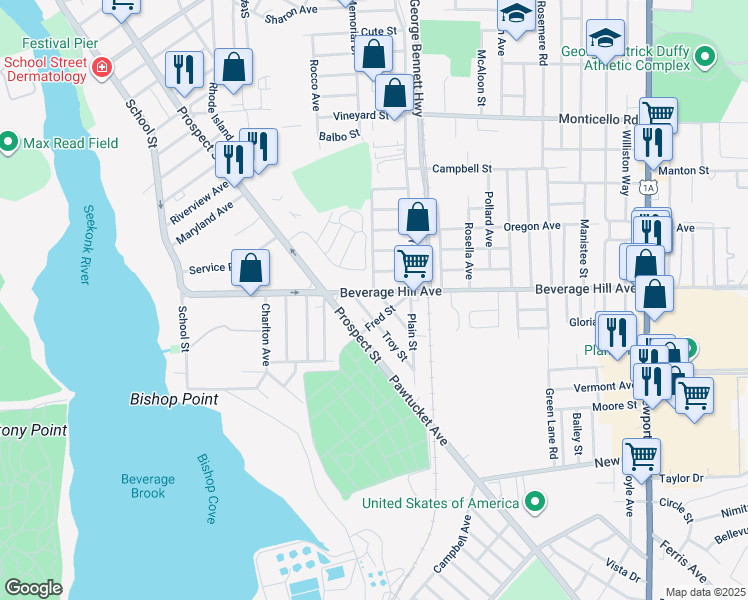 map of restaurants, bars, coffee shops, grocery stores, and more near 16 Day Street in Pawtucket