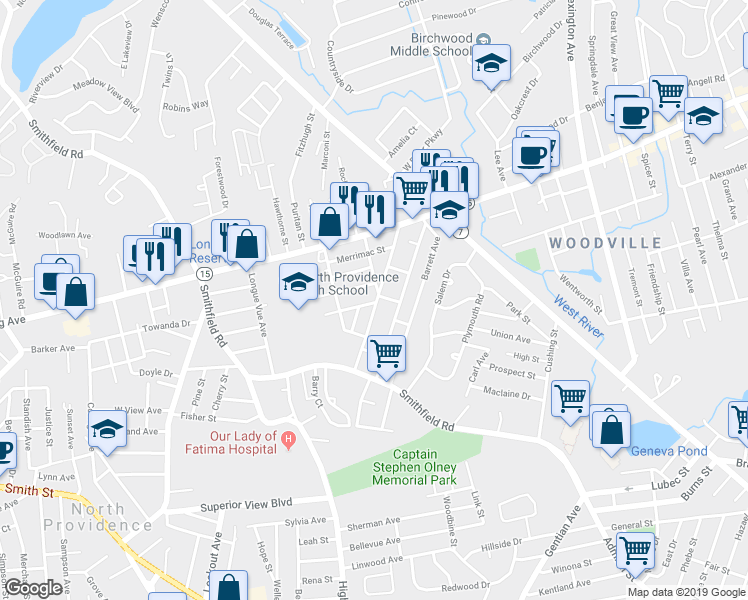 map of restaurants, bars, coffee shops, grocery stores, and more near 50 Andover Street in North Providence