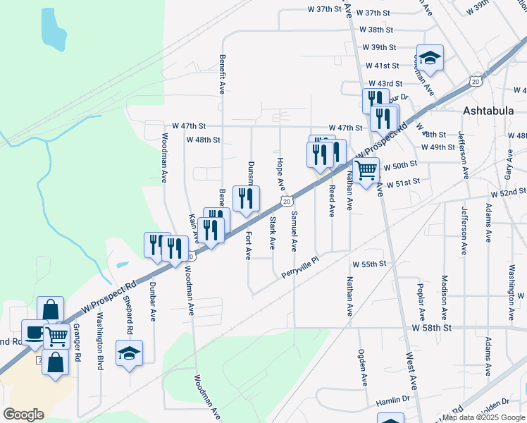 map of restaurants, bars, coffee shops, grocery stores, and more near 1513 West Prospect Road in Ashtabula