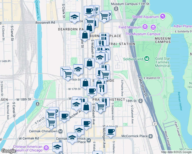 map of restaurants, bars, coffee shops, grocery stores, and more near 50 East 16th Street in Chicago