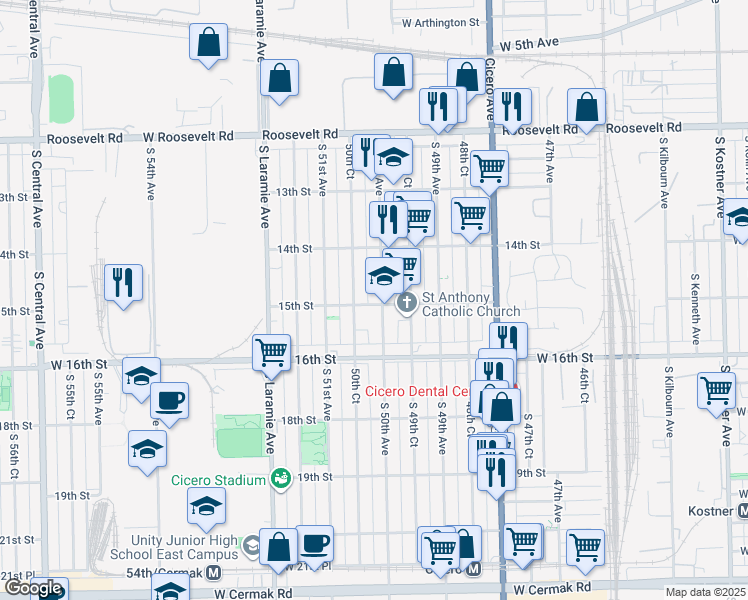 map of restaurants, bars, coffee shops, grocery stores, and more near 1446 South 50th Avenue in Cicero
