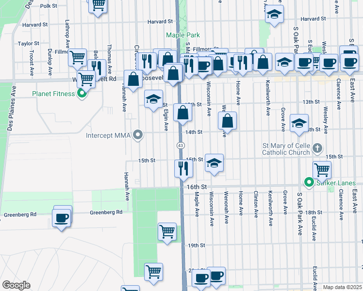 map of restaurants, bars, coffee shops, grocery stores, and more near 1419 Illinois 43 in Berwyn