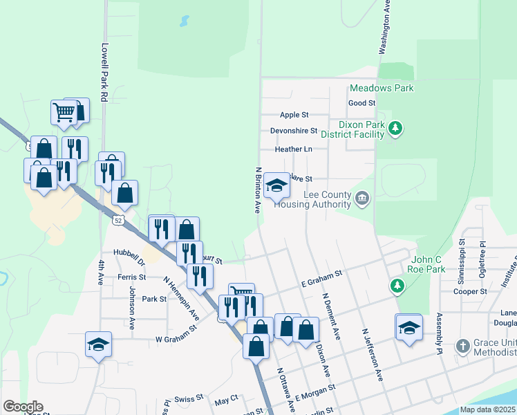 map of restaurants, bars, coffee shops, grocery stores, and more near 1116 North Brinton Avenue in Dixon