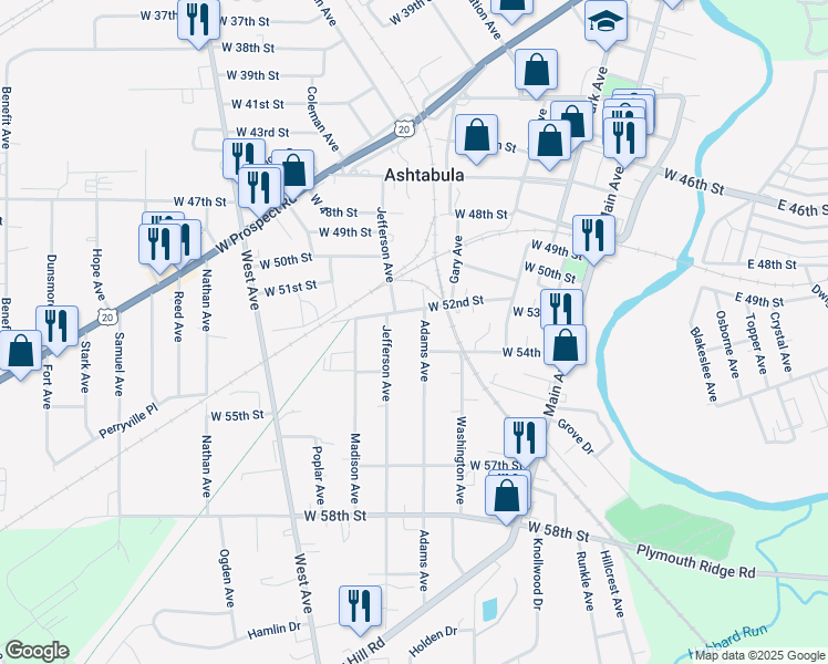 map of restaurants, bars, coffee shops, grocery stores, and more near 5307 Adams Avenue in Ashtabula