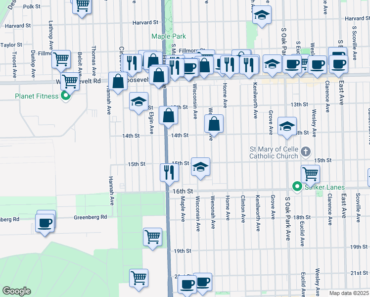 map of restaurants, bars, coffee shops, grocery stores, and more near 1427 Maple Avenue in Berwyn