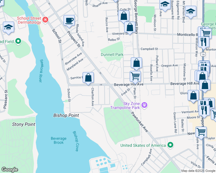 map of restaurants, bars, coffee shops, grocery stores, and more near 137 Beverage Hill Avenue in Pawtucket