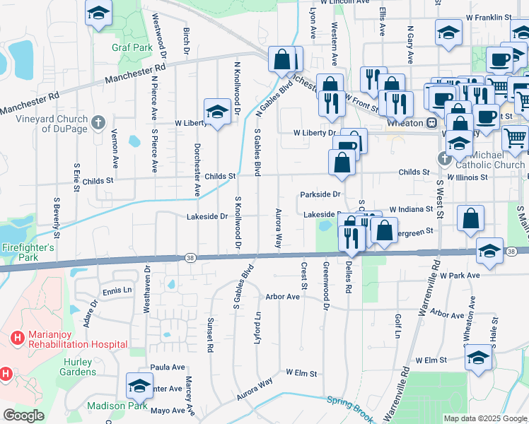 map of restaurants, bars, coffee shops, grocery stores, and more near 1017 Lakeside Drive in Wheaton