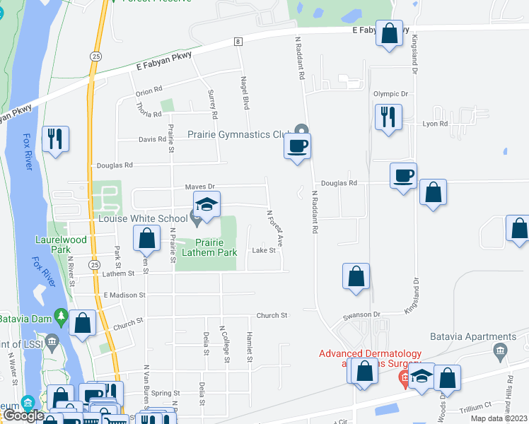 map of restaurants, bars, coffee shops, grocery stores, and more near 736 Ozier Drive in Batavia