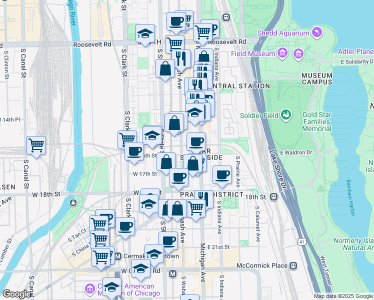 map of restaurants, bars, coffee shops, grocery stores, and more near 50 East 16th Street in Chicago