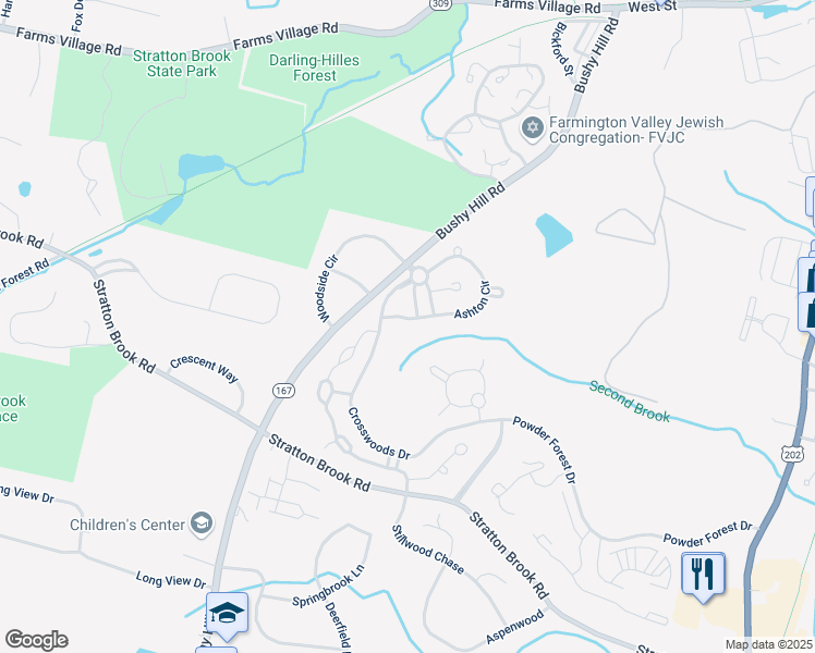 map of restaurants, bars, coffee shops, grocery stores, and more near 49 Ashton Circle in Simsbury
