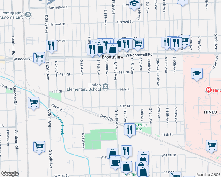map of restaurants, bars, coffee shops, grocery stores, and more near 2359 South 18th Avenue in Broadview