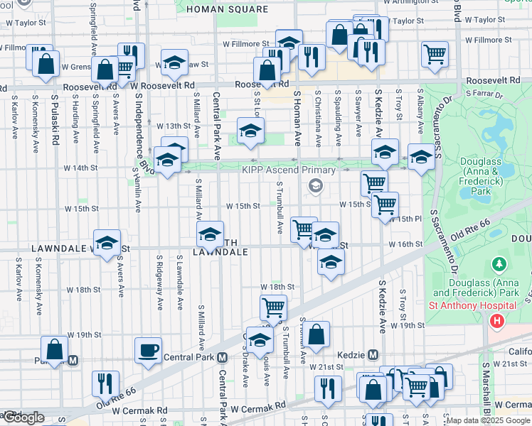 map of restaurants, bars, coffee shops, grocery stores, and more near 1509 South Saint Louis Avenue in Chicago