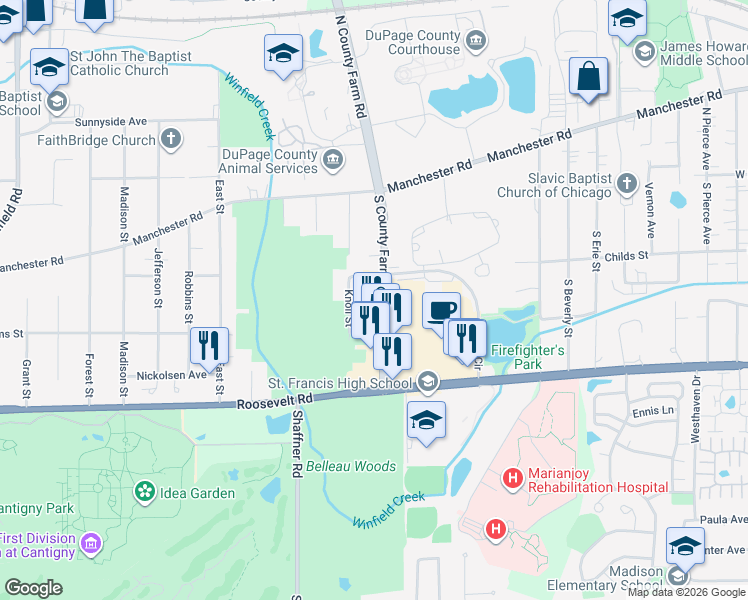 map of restaurants, bars, coffee shops, grocery stores, and more near 460 S County Farm Rd in Wheaton