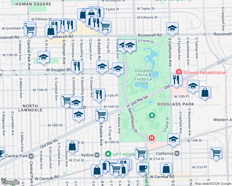 map of restaurants, bars, coffee shops, grocery stores, and more near 1526 South Albany Avenue in Chicago