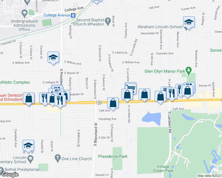 map of restaurants, bars, coffee shops, grocery stores, and more near 522 South Prospect Street in Wheaton