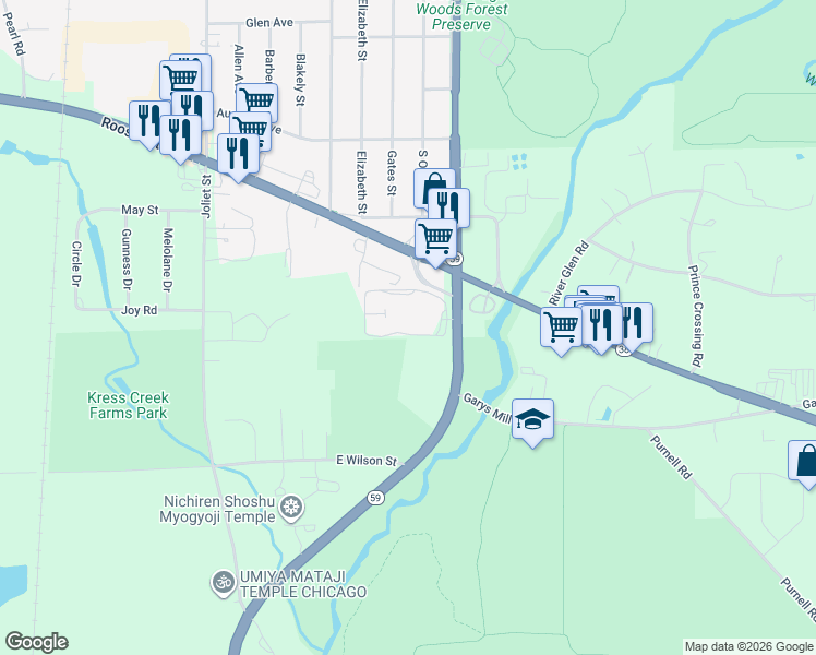 map of restaurants, bars, coffee shops, grocery stores, and more near 519 Carriage Drive in West Chicago