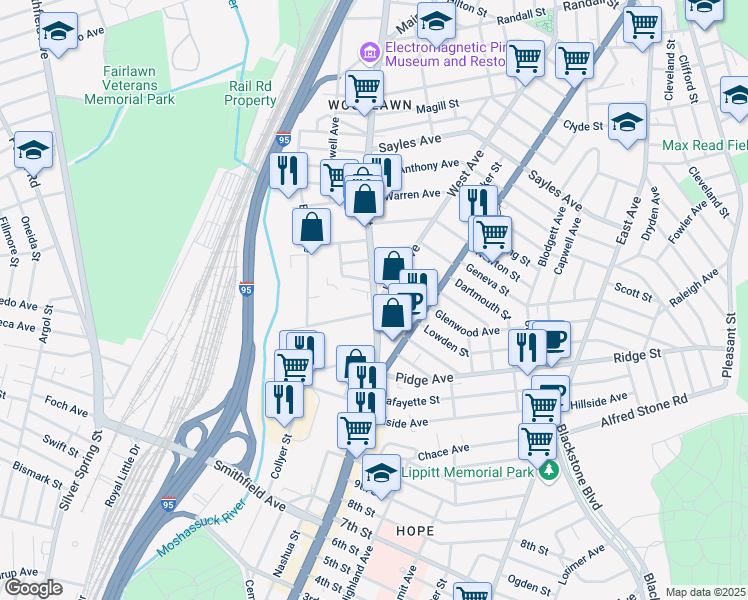 map of restaurants, bars, coffee shops, grocery stores, and more near 544 West Avenue in Pawtucket