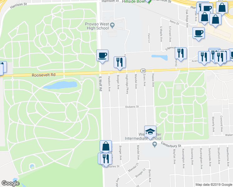 map of restaurants, bars, coffee shops, grocery stores, and more near 1312 Boeger Avenue in Westchester
