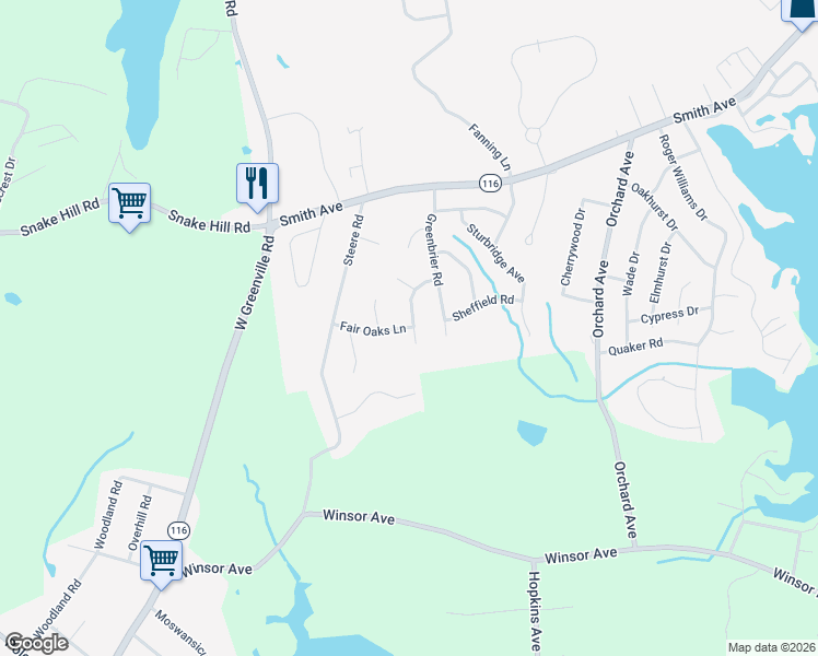 map of restaurants, bars, coffee shops, grocery stores, and more near 8 Fair Oaks Lane in Smithfield