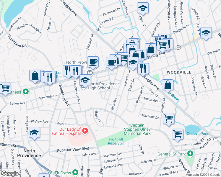 map of restaurants, bars, coffee shops, grocery stores, and more near 106 Andover Street in North Providence