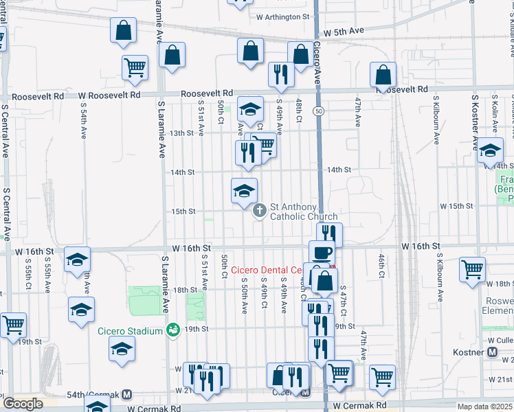 map of restaurants, bars, coffee shops, grocery stores, and more near 1444 South 49th Court in Cicero