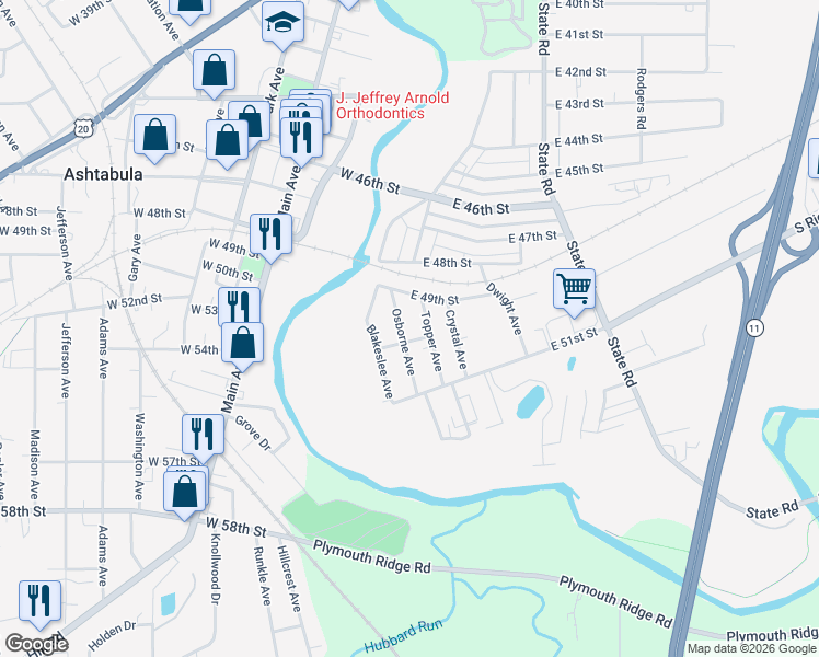 map of restaurants, bars, coffee shops, grocery stores, and more near 4948 Osborne Avenue in Ashtabula