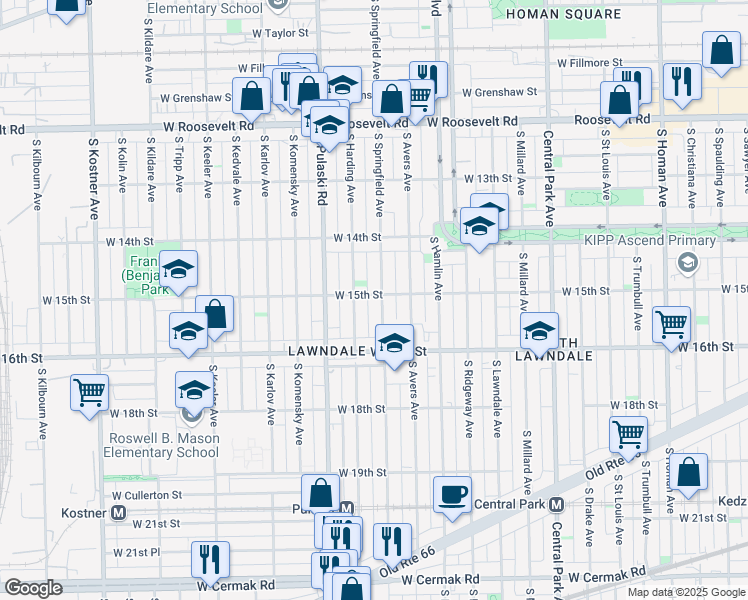 map of restaurants, bars, coffee shops, grocery stores, and more near 1500 South Springfield Avenue in Chicago