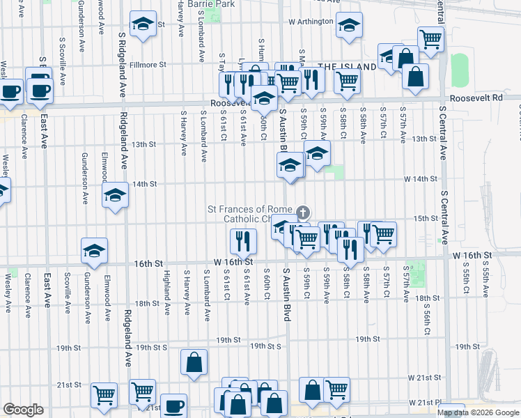 map of restaurants, bars, coffee shops, grocery stores, and more near 1434 South 60th Court in Cicero