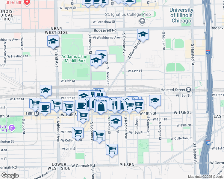 map of restaurants, bars, coffee shops, grocery stores, and more near 1551 South Throop Street in Chicago