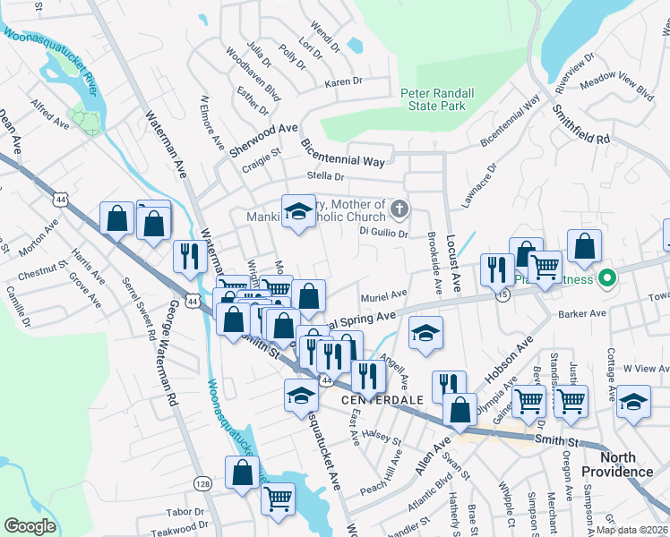 map of restaurants, bars, coffee shops, grocery stores, and more near 16 Middle St in North Providence