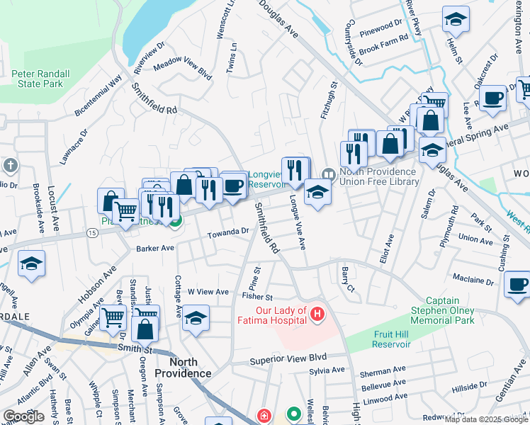 map of restaurants, bars, coffee shops, grocery stores, and more near 461 Smithfield Road in North Providence