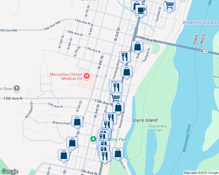 map of restaurants, bars, coffee shops, grocery stores, and more near 1410 Pershing Boulevard in Clinton