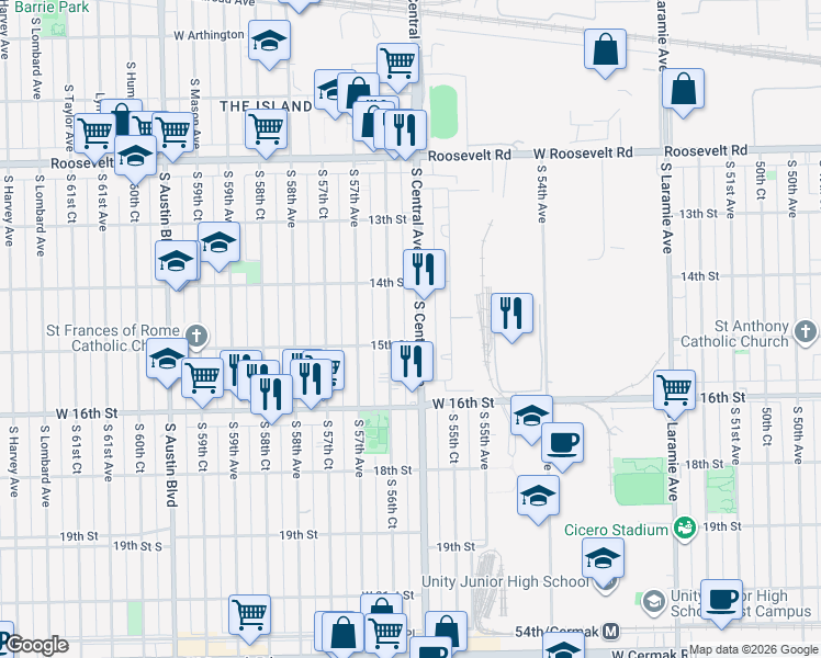 map of restaurants, bars, coffee shops, grocery stores, and more near 1433 South 56th Court in Cicero