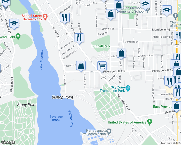 map of restaurants, bars, coffee shops, grocery stores, and more near 101 Beverage Hill Avenue in Pawtucket