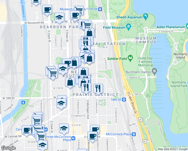 map of restaurants, bars, coffee shops, grocery stores, and more near in Chicago