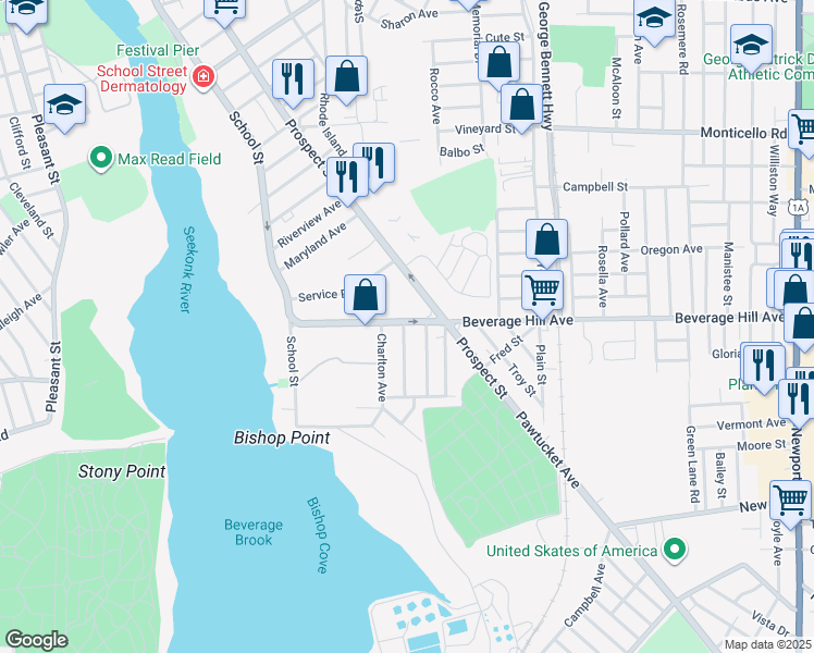 map of restaurants, bars, coffee shops, grocery stores, and more near 101 Beverage Hill Avenue in Pawtucket