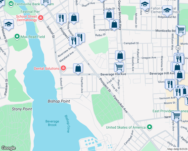 map of restaurants, bars, coffee shops, grocery stores, and more near 137 Beverage Hill Avenue in Pawtucket