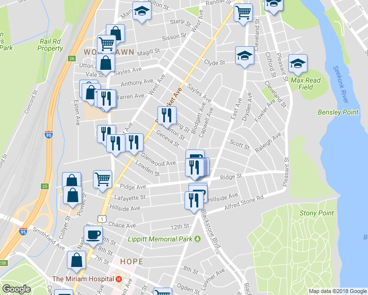 map of restaurants, bars, coffee shops, grocery stores, and more near 5 Geneva Street in Pawtucket