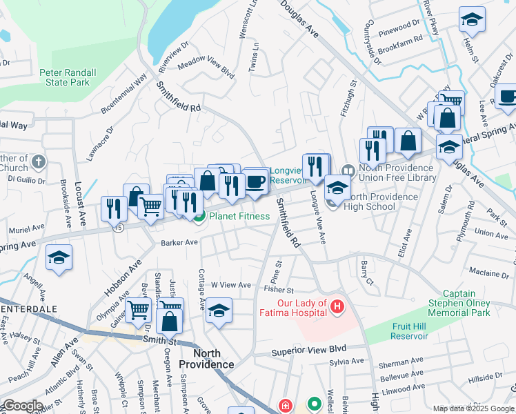 map of restaurants, bars, coffee shops, grocery stores, and more near 1 Tuscola Avenue in North Providence